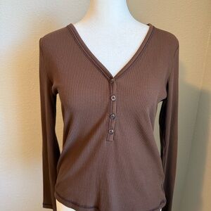 Old Navy Brown Long Sleeve Ribbed Henley Tee